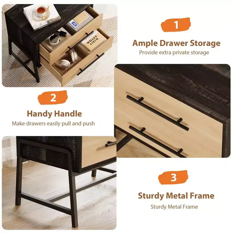 Modern Nightstand with Drawers, Mid-Century Nightstand with 2 Storage Drawers, Light Wood Bedside Table with Metal Legs for Bedroom & Living Room