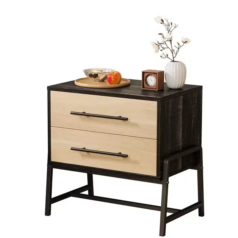 Modern Nightstand with Drawers, Mid-Century Nightstand with 2 Storage Drawers, Light Wood Bedside Table with Metal Legs for Bedroom & Living Room