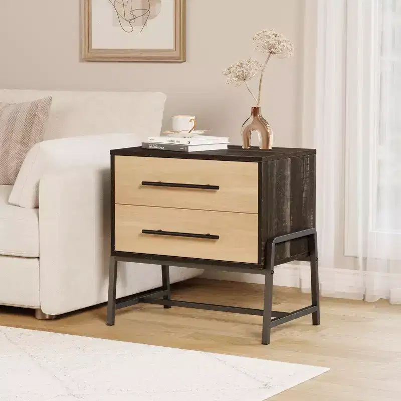 Modern Nightstand with Drawers, Mid-Century Nightstand with 2 Storage Drawers, Light Wood Bedside Table with Metal Legs for Bedroom & Living Room
