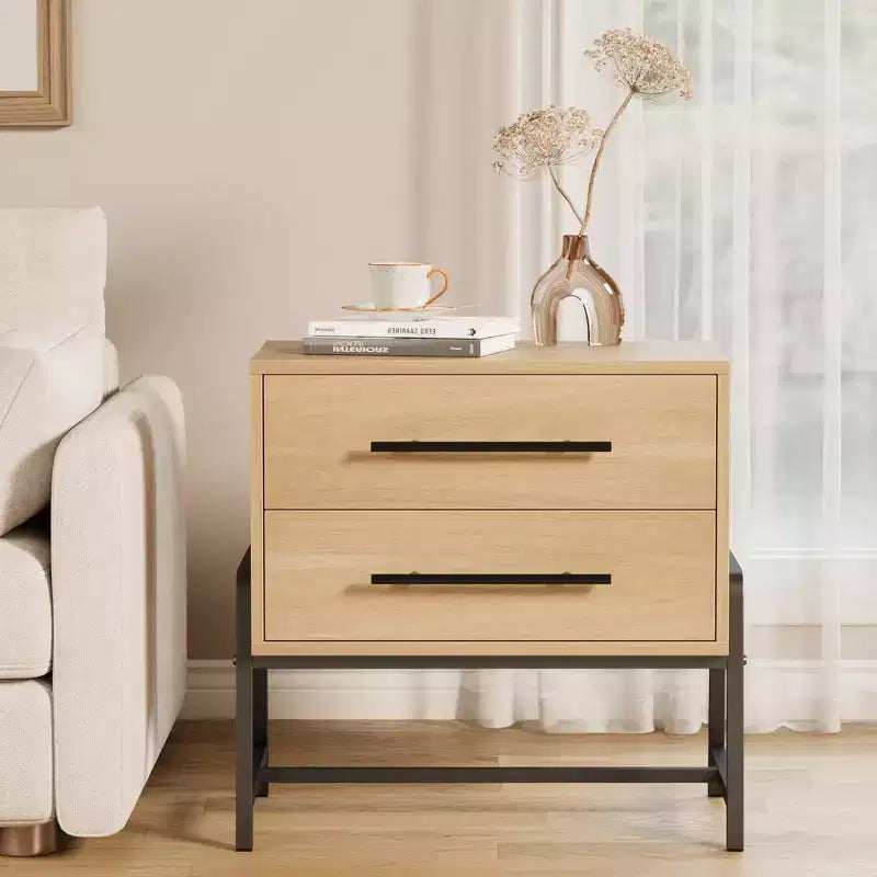 Modern Nightstand with Drawers, Mid-Century Nightstand with 2 Storage Drawers, Light Wood Bedside Table with Metal Legs for Bedroom & Living Room