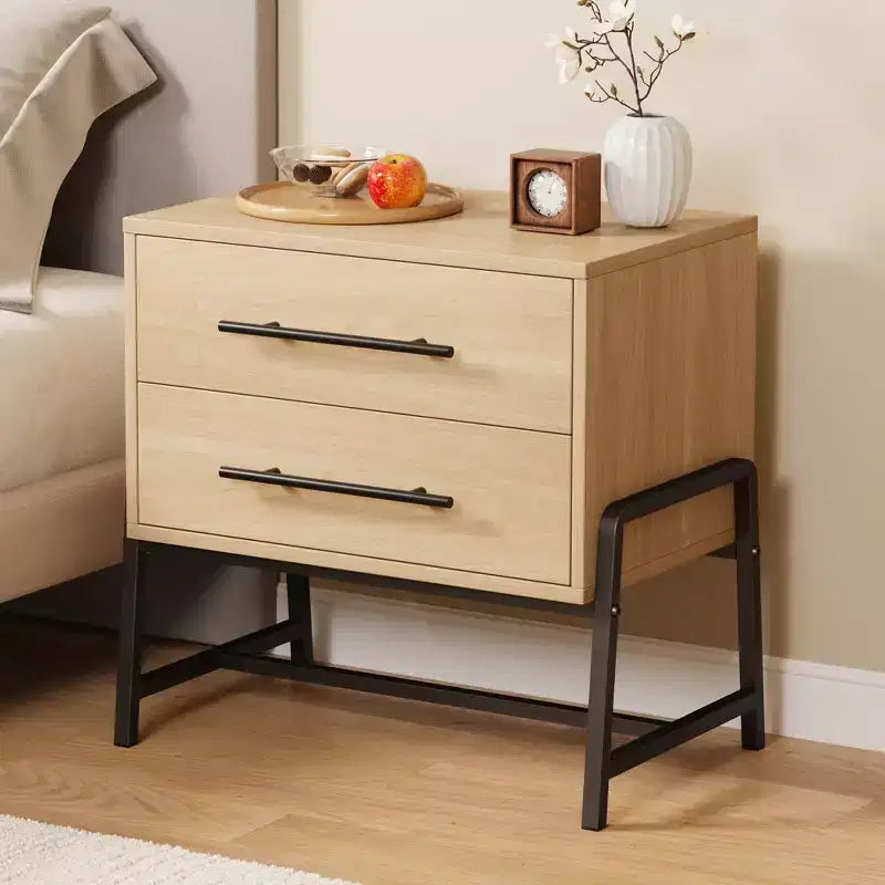 Modern Nightstand with Drawers, Mid-Century Nightstand with 2 Storage Drawers, Light Wood Bedside Table with Metal Legs for Bedroom & Living Room