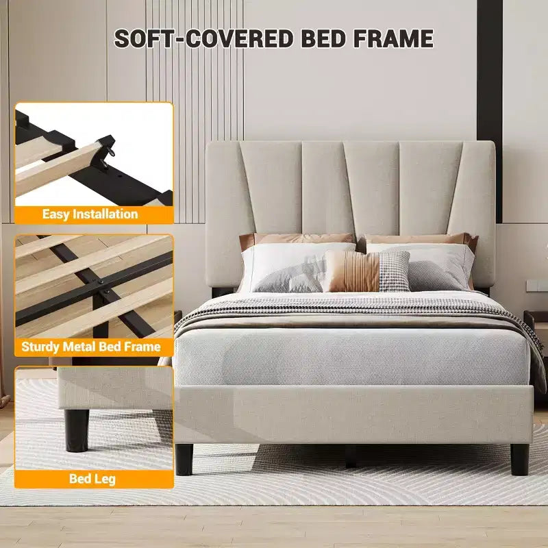 Bed Frame with Adjustable Headboard, Platform Bed Frame with Linen Upholstered, Wooden Slats Support, Noise Free, No Box Spring Needed