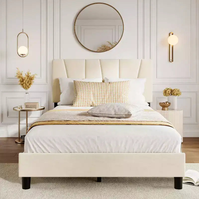 Bed Frame with Adjustable Headboard, Platform Bed Frame with Linen Upholstered, Wooden Slats Support, Noise Free, No Box Spring Needed