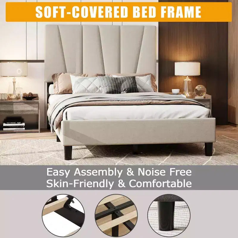 Bed Frame with Adjustable Headboard, Platform Bed Frame with Linen Upholstered, Wooden Slats Support, Noise Free, No Box Spring Needed