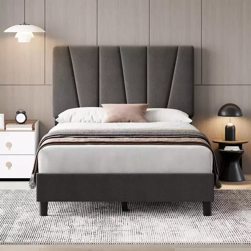 Bed Frame with Adjustable Headboard, Platform Bed Frame with Linen Upholstered, Wooden Slats Support, Noise Free, No Box Spring Needed