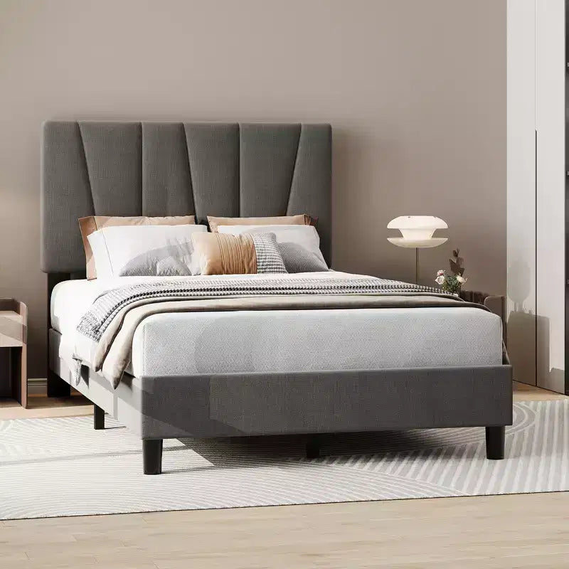 Bed Frame with Adjustable Headboard, Platform Bed Frame with Linen Upholstered, Wooden Slats Support, Noise Free, No Box Spring Needed