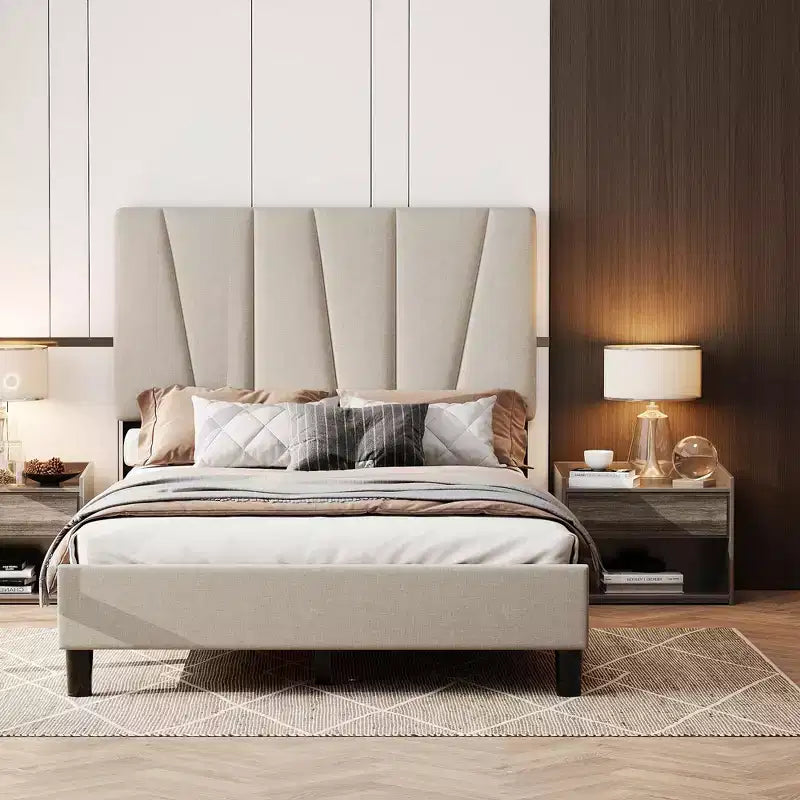 Bed Frame with Adjustable Headboard, Platform Bed Frame with Linen Upholstered, Wooden Slats Support, Noise Free, No Box Spring Needed