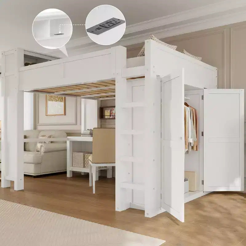 Queen Size Loft Bed with Wardrobe, Desk & USB Headboard Storage, Space-Saving Loft Bed - ModernLuxe