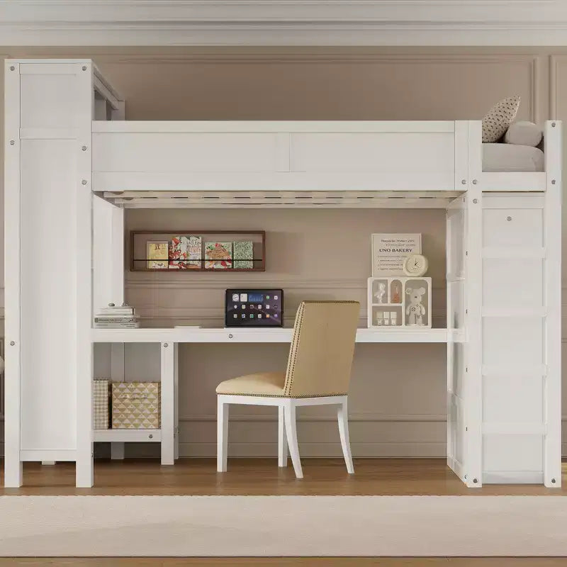 Queen Size Loft Bed with Wardrobe, Desk & USB Headboard Storage, Space-Saving Loft Bed - ModernLuxe