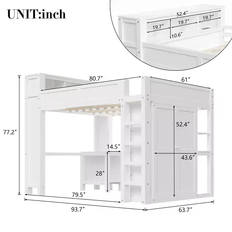 Queen Size Loft Bed with Wardrobe, Desk & USB Headboard Storage, Space-Saving Loft Bed - ModernLuxe