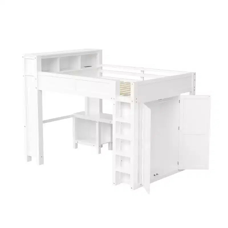 Queen Size Loft Bed with Wardrobe, Desk & USB Headboard Storage, Space-Saving Loft Bed - ModernLuxe