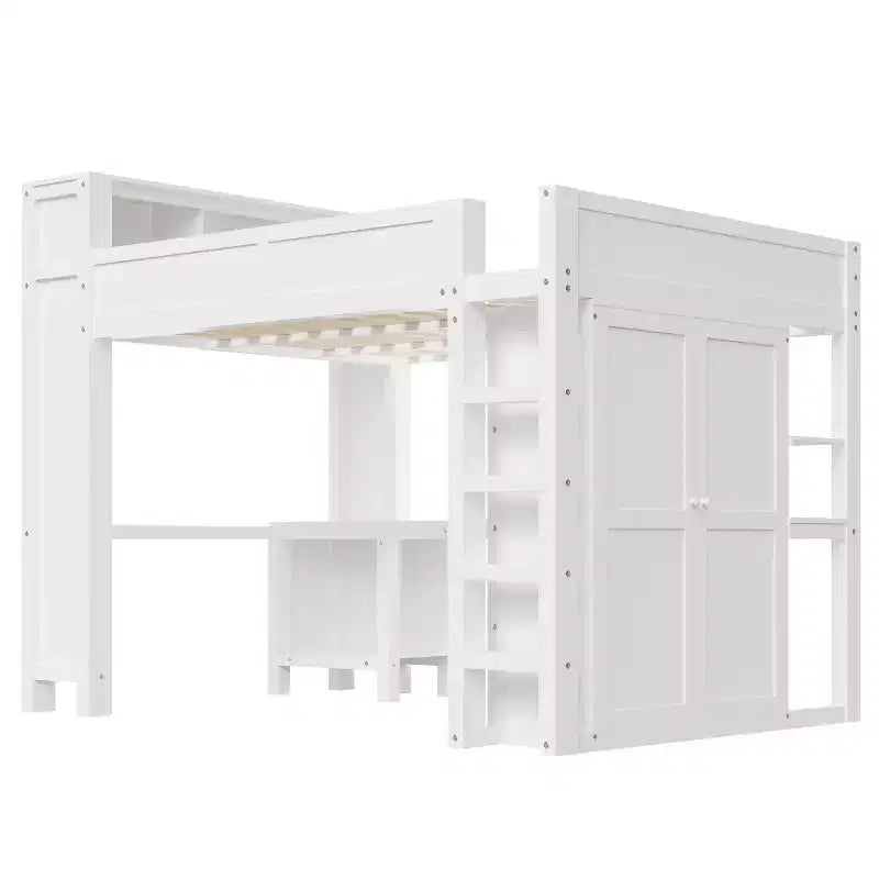 Queen Size Loft Bed with Wardrobe, Desk & USB Headboard Storage, Space-Saving Loft Bed - ModernLuxe