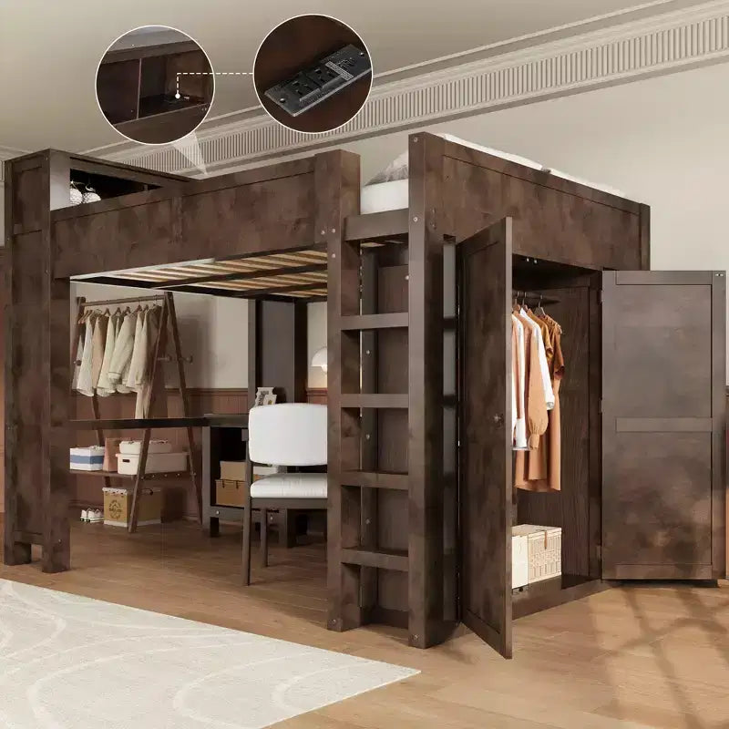 Queen Size Loft Bed with Wardrobe, Desk & USB Headboard Storage, Space-Saving Loft Bed - ModernLuxe