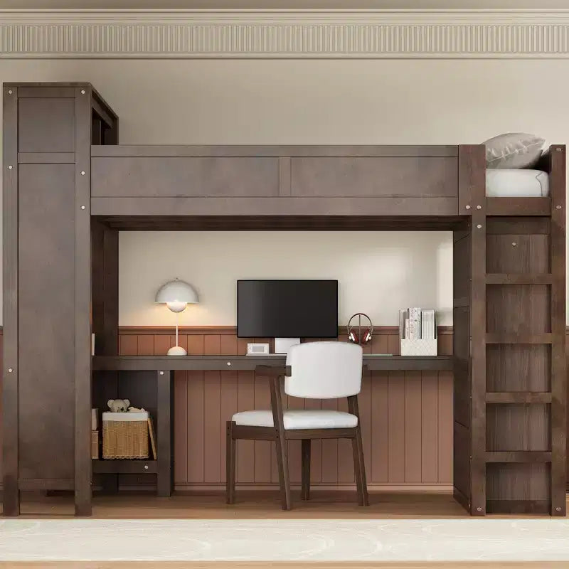 Queen Size Loft Bed with Wardrobe, Desk & USB Headboard Storage, Space-Saving Loft Bed - ModernLuxe