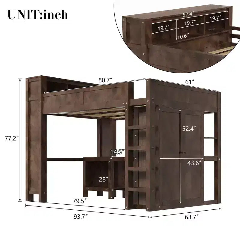 Queen Size Loft Bed with Wardrobe, Desk & USB Headboard Storage, Space-Saving Loft Bed - ModernLuxe