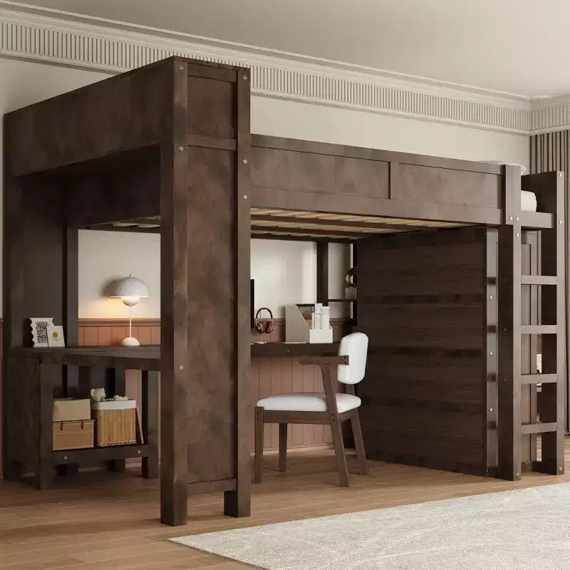 Queen Size Loft Bed with Wardrobe, Desk & USB Headboard Storage, Space-Saving Loft Bed - ModernLuxe
