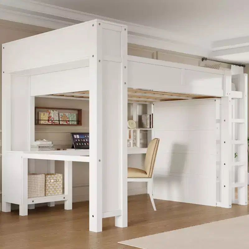 Queen Size Loft Bed with Wardrobe, Desk & USB Headboard Storage, Space-Saving Loft Bed - ModernLuxe