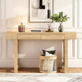 Luxystar Narrow Console Table with Rattan Accent & Storage Drawers, Rustic Entryway Sofa Table for Living Room & Hallway, Natural