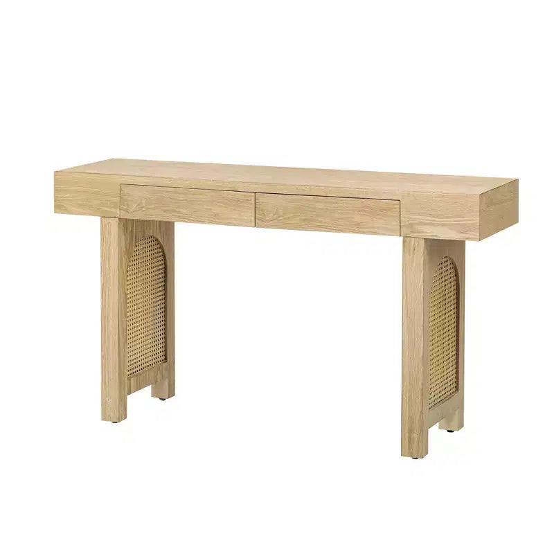 Luxystar Narrow Console Table with Rattan Accent & Storage Drawers, Rustic Entryway Sofa Table for Living Room & Hallway, Natural