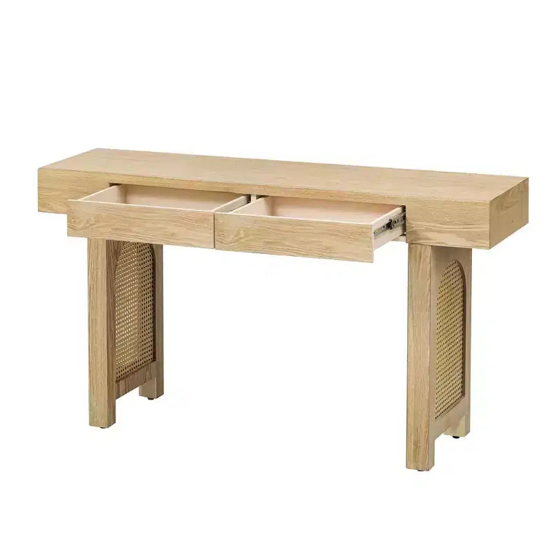 Luxystar Narrow Console Table with Rattan Accent & Storage Drawers, Rustic Entryway Sofa Table for Living Room & Hallway, Natural