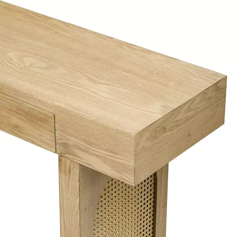 Luxystar Narrow Console Table with Rattan Accent & Storage Drawers, Rustic Entryway Sofa Table for Living Room & Hallway, Natural