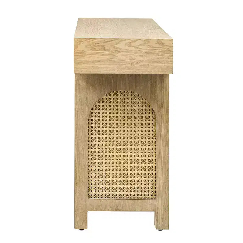 Luxystar Narrow Console Table with Rattan Accent & Storage Drawers, Rustic Entryway Sofa Table for Living Room & Hallway, Natural