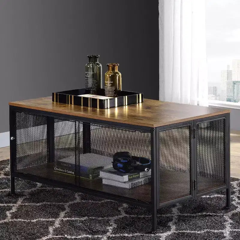 Royal Hampton Coffee Table with 1 Bottom Shelf and Mesh Design, Brown and Gray