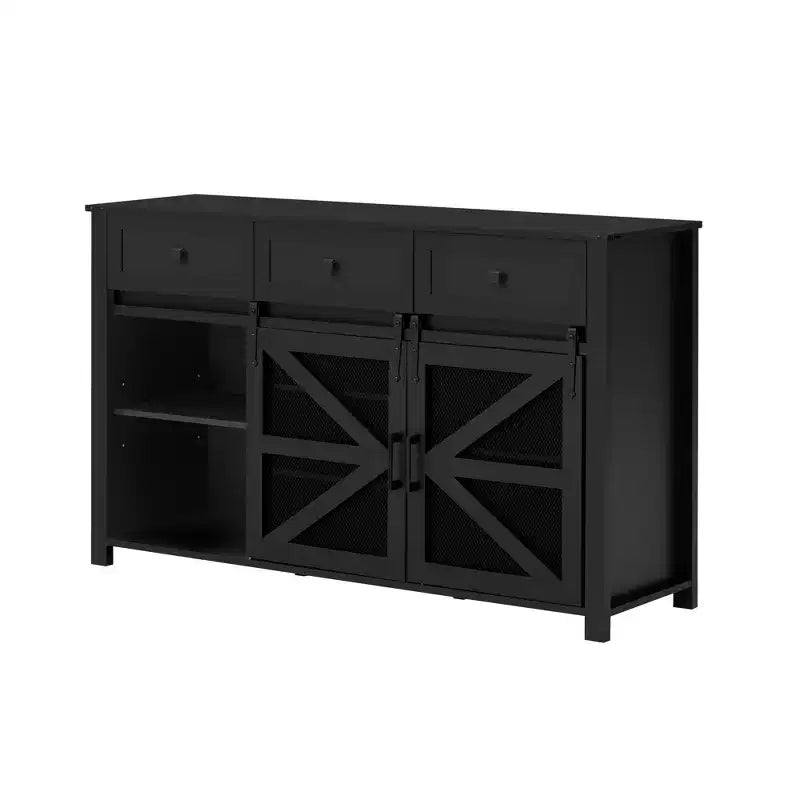55''W Sliding Barn Door Sideboard Buffet Cabinet, 3 Drawers, Adjustable Shelves, Industrial Storage - ModernLuxe