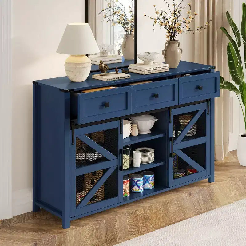55''W Sliding Barn Door Sideboard Buffet Cabinet, 3 Drawers, Adjustable Shelves, Industrial Storage - ModernLuxe