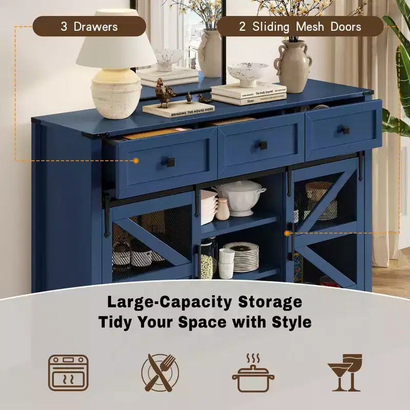 55''W Sliding Barn Door Sideboard Buffet Cabinet, 3 Drawers, Adjustable Shelves, Industrial Storage - ModernLuxe