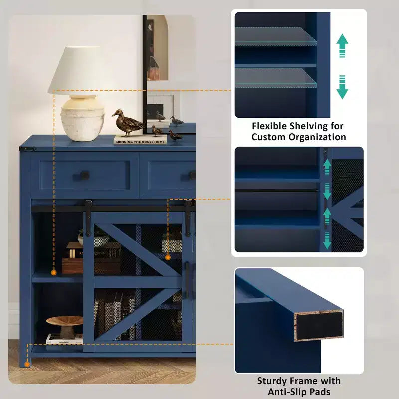 55''W Sliding Barn Door Sideboard Buffet Cabinet, 3 Drawers, Adjustable Shelves, Industrial Storage - ModernLuxe