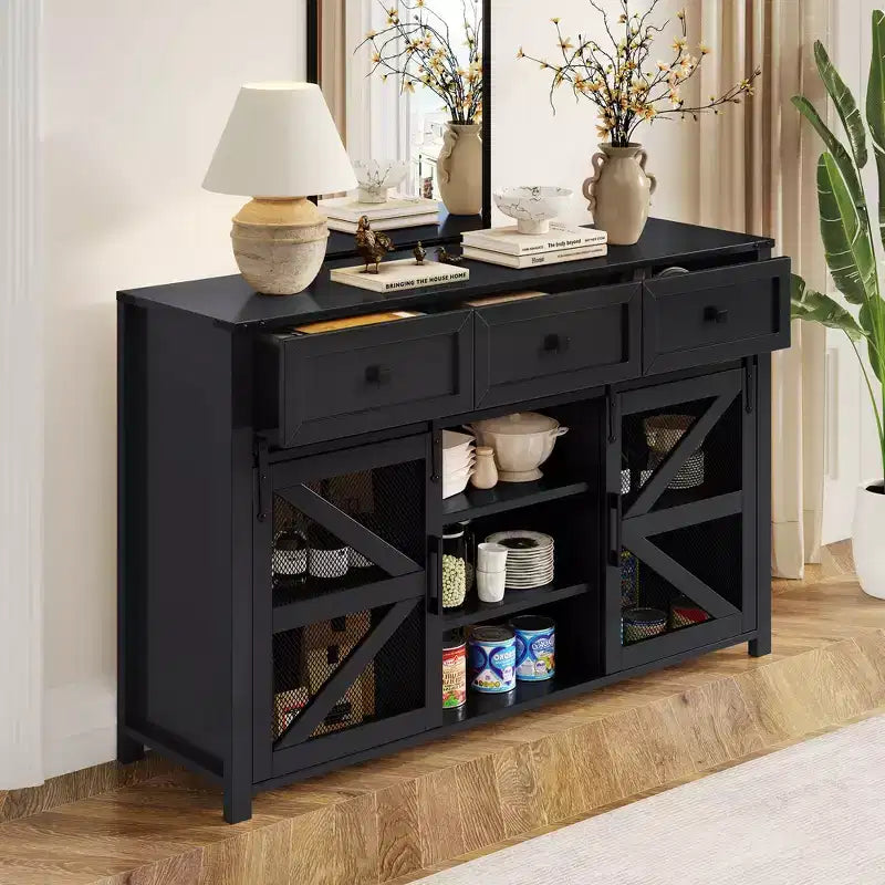 55''W Sliding Barn Door Sideboard Buffet Cabinet, 3 Drawers, Adjustable Shelves, Industrial Storage - ModernLuxe