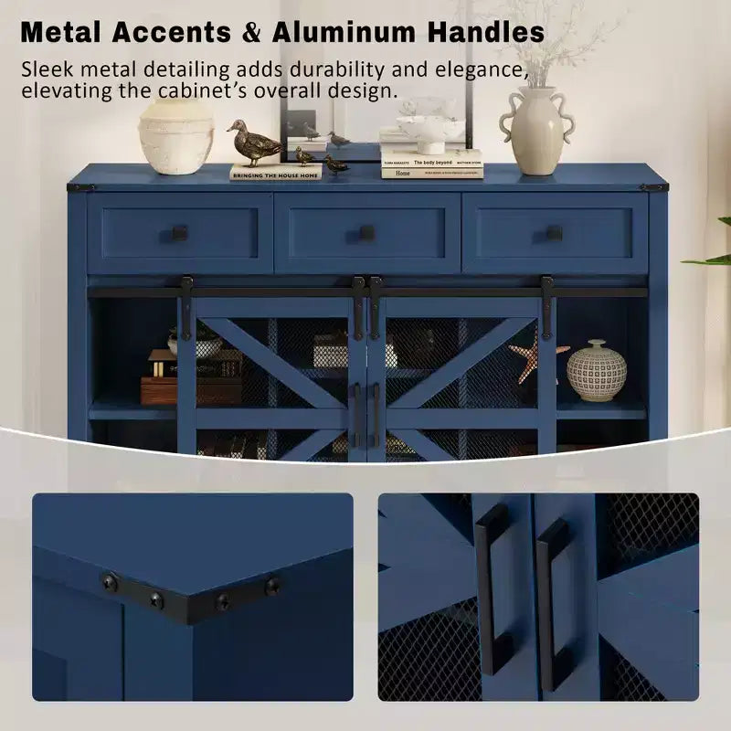 55''W Sliding Barn Door Sideboard Buffet Cabinet, 3 Drawers, Adjustable Shelves, Industrial Storage - ModernLuxe