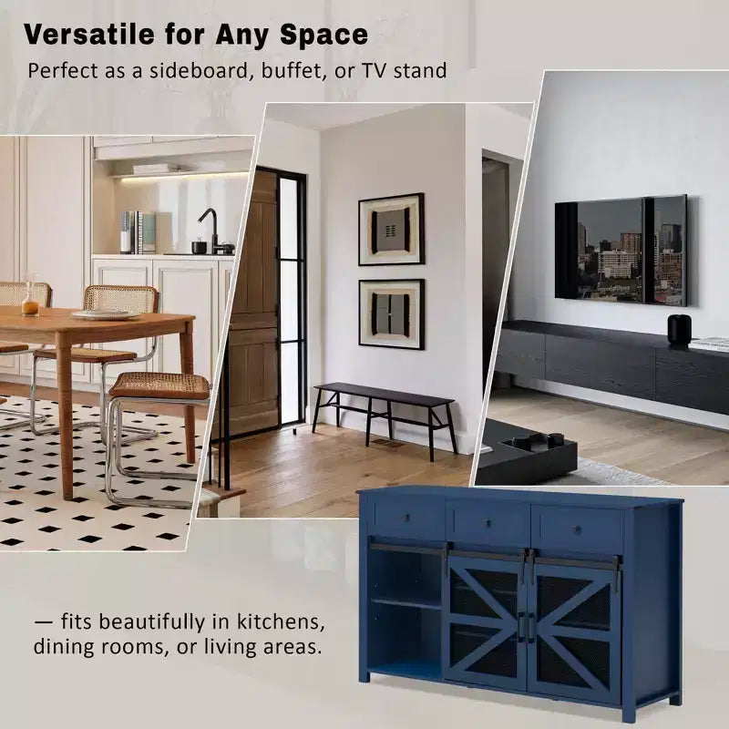 55''W Sliding Barn Door Sideboard Buffet Cabinet, 3 Drawers, Adjustable Shelves, Industrial Storage - ModernLuxe