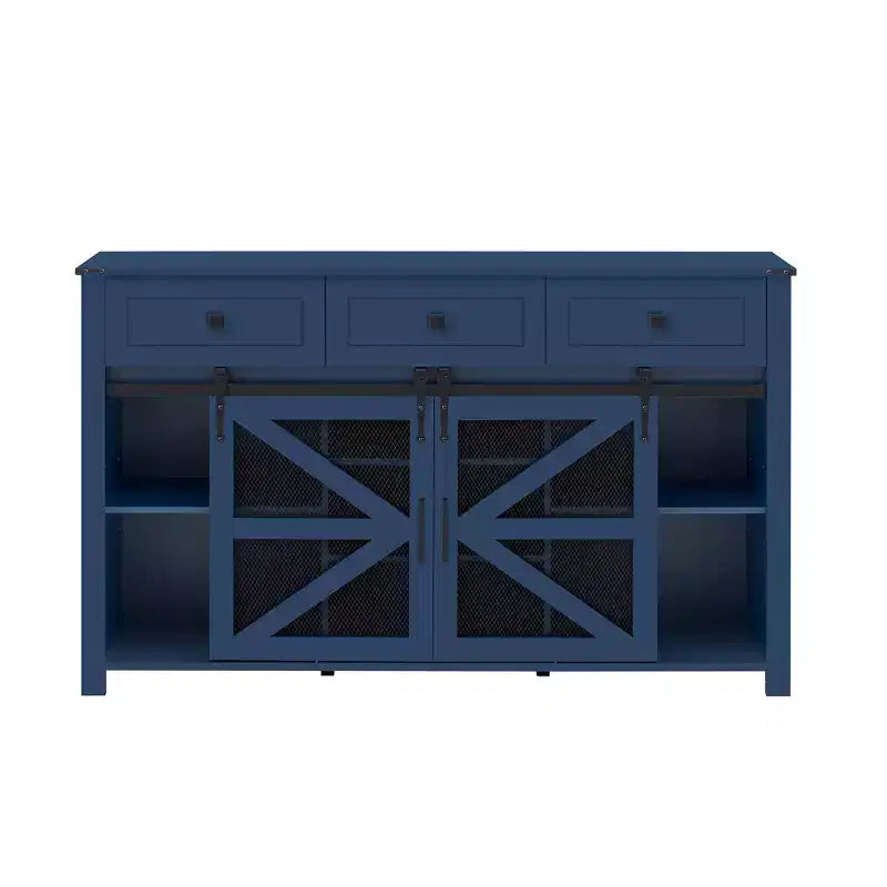 55''W Sliding Barn Door Sideboard Buffet Cabinet, 3 Drawers, Adjustable Shelves, Industrial Storage - ModernLuxe