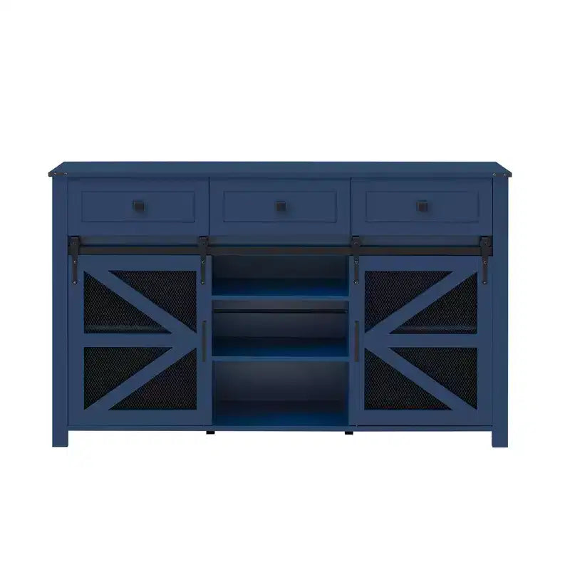 55''W Sliding Barn Door Sideboard Buffet Cabinet, 3 Drawers, Adjustable Shelves, Industrial Storage - ModernLuxe