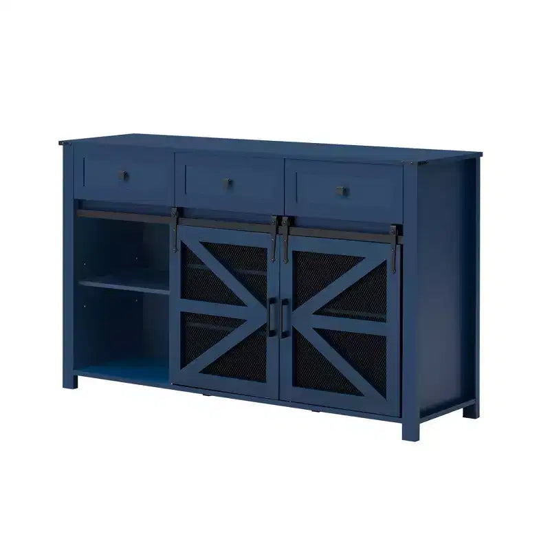 55''W Sliding Barn Door Sideboard Buffet Cabinet, 3 Drawers, Adjustable Shelves, Industrial Storage - ModernLuxe