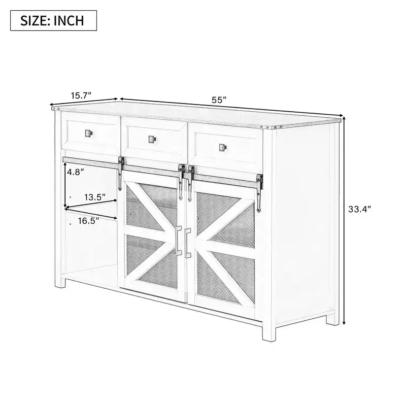 55''W Sliding Barn Door Sideboard Buffet Cabinet, 3 Drawers, Adjustable Shelves, Industrial Storage - ModernLuxe