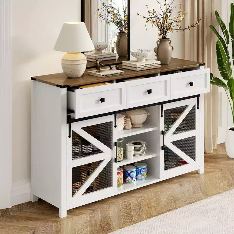 55''W Sliding Barn Door Sideboard Buffet Cabinet, 3 Drawers, Adjustable Shelves, Industrial Storage - ModernLuxe
