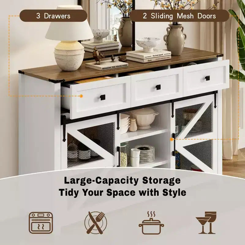55''W Sliding Barn Door Sideboard Buffet Cabinet, 3 Drawers, Adjustable Shelves, Industrial Storage - ModernLuxe