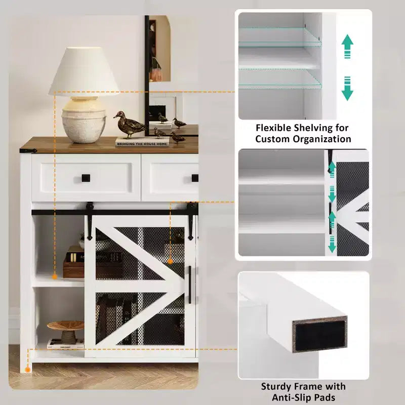 55''W Sliding Barn Door Sideboard Buffet Cabinet, 3 Drawers, Adjustable Shelves, Industrial Storage - ModernLuxe