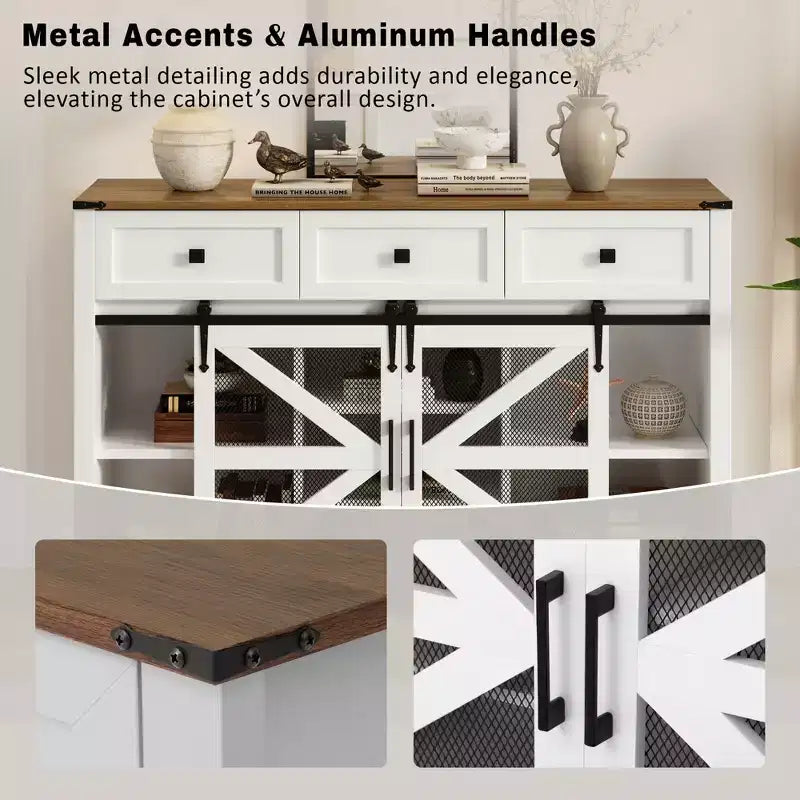55''W Sliding Barn Door Sideboard Buffet Cabinet, 3 Drawers, Adjustable Shelves, Industrial Storage - ModernLuxe