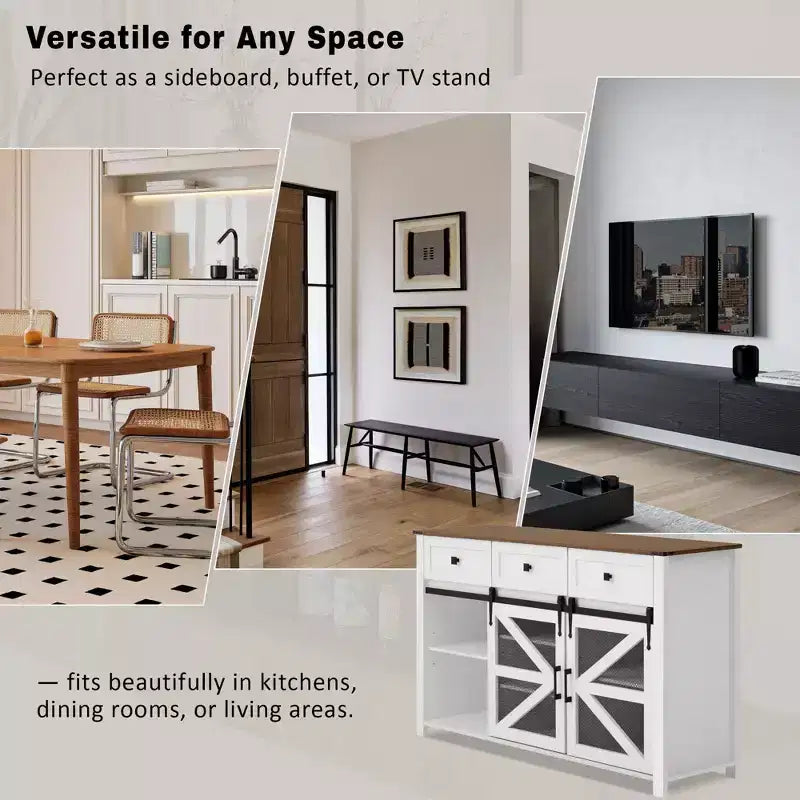 55''W Sliding Barn Door Sideboard Buffet Cabinet, 3 Drawers, Adjustable Shelves, Industrial Storage - ModernLuxe