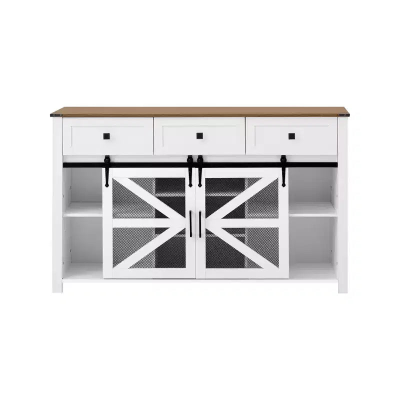 55''W Sliding Barn Door Sideboard Buffet Cabinet, 3 Drawers, Adjustable Shelves, Industrial Storage - ModernLuxe