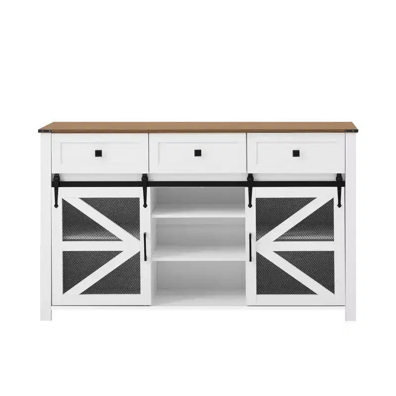 55''W Sliding Barn Door Sideboard Buffet Cabinet, 3 Drawers, Adjustable Shelves, Industrial Storage - ModernLuxe