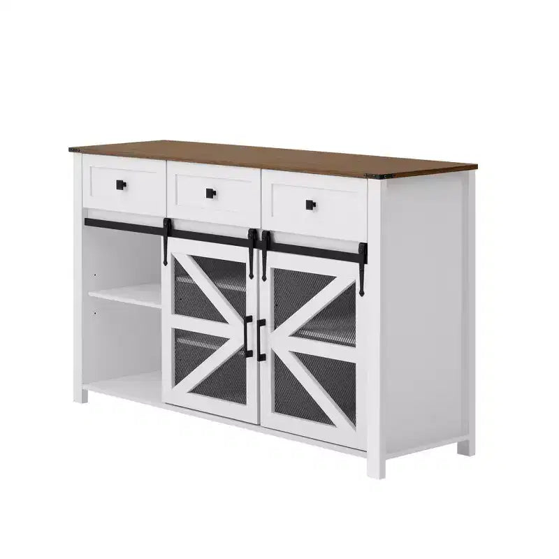 55''W Sliding Barn Door Sideboard Buffet Cabinet, 3 Drawers, Adjustable Shelves, Industrial Storage - ModernLuxe