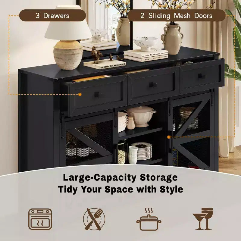 55''W Sliding Barn Door Sideboard Buffet Cabinet, 3 Drawers, Adjustable Shelves, Industrial Storage - ModernLuxe