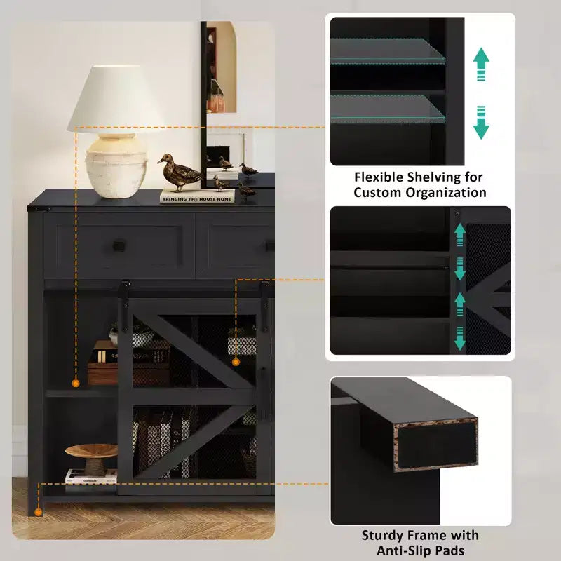 55''W Sliding Barn Door Sideboard Buffet Cabinet, 3 Drawers, Adjustable Shelves, Industrial Storage - ModernLuxe
