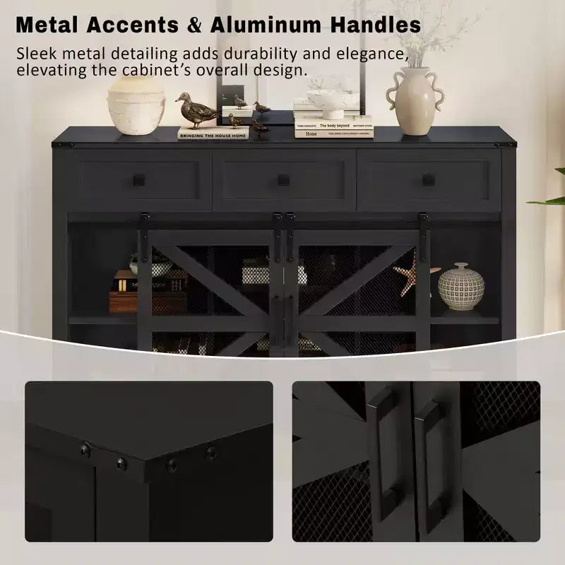 55''W Sliding Barn Door Sideboard Buffet Cabinet, 3 Drawers, Adjustable Shelves, Industrial Storage - ModernLuxe