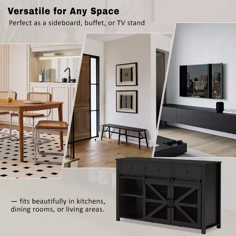 55''W Sliding Barn Door Sideboard Buffet Cabinet, 3 Drawers, Adjustable Shelves, Industrial Storage - ModernLuxe